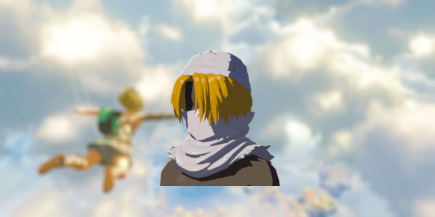 Sheik's Mask from Zelda Tears of the Kingdom on a blurred background of the sky