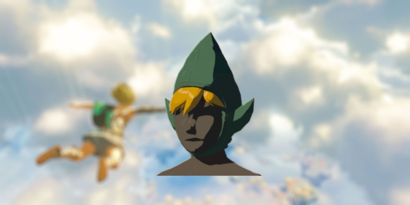 Tingle's Hood from Zelda Tears of the Kingdom on a blurred background of the sky