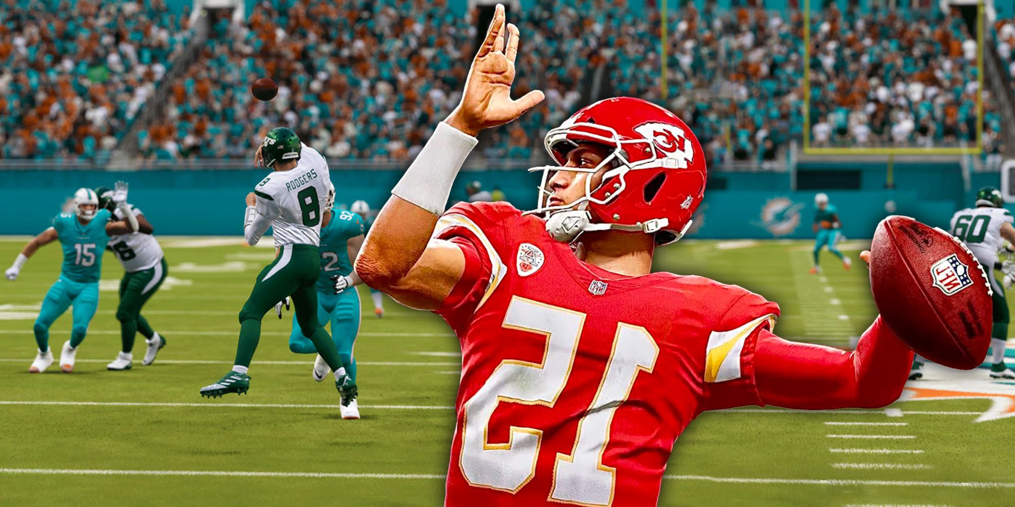 Patrick Mahomes, #15 on the KC Chiefs, winds up a pass