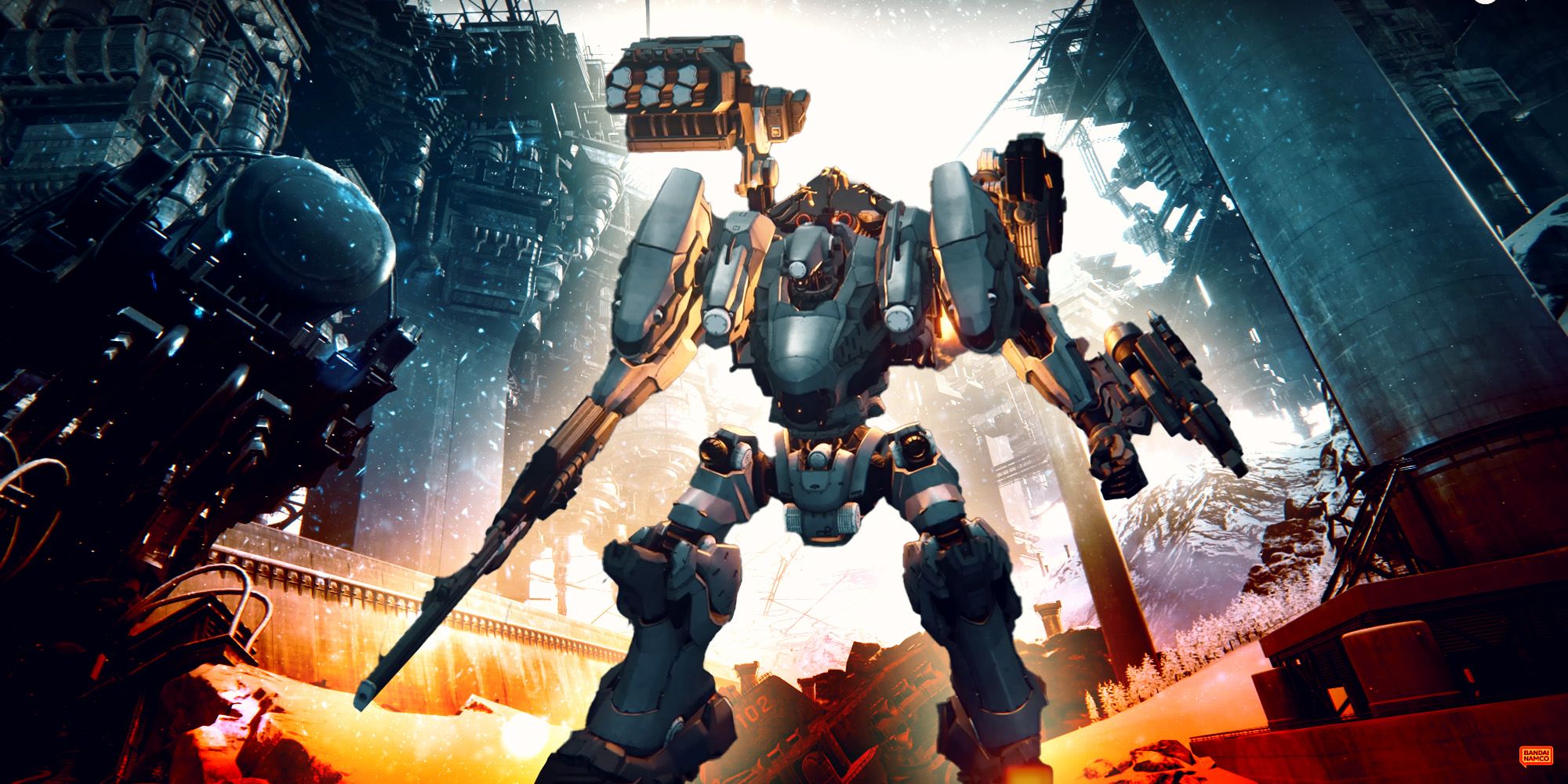An Armored Core with a rifle and shoulder-mounted missile launcher, with a industrial setting in the background.