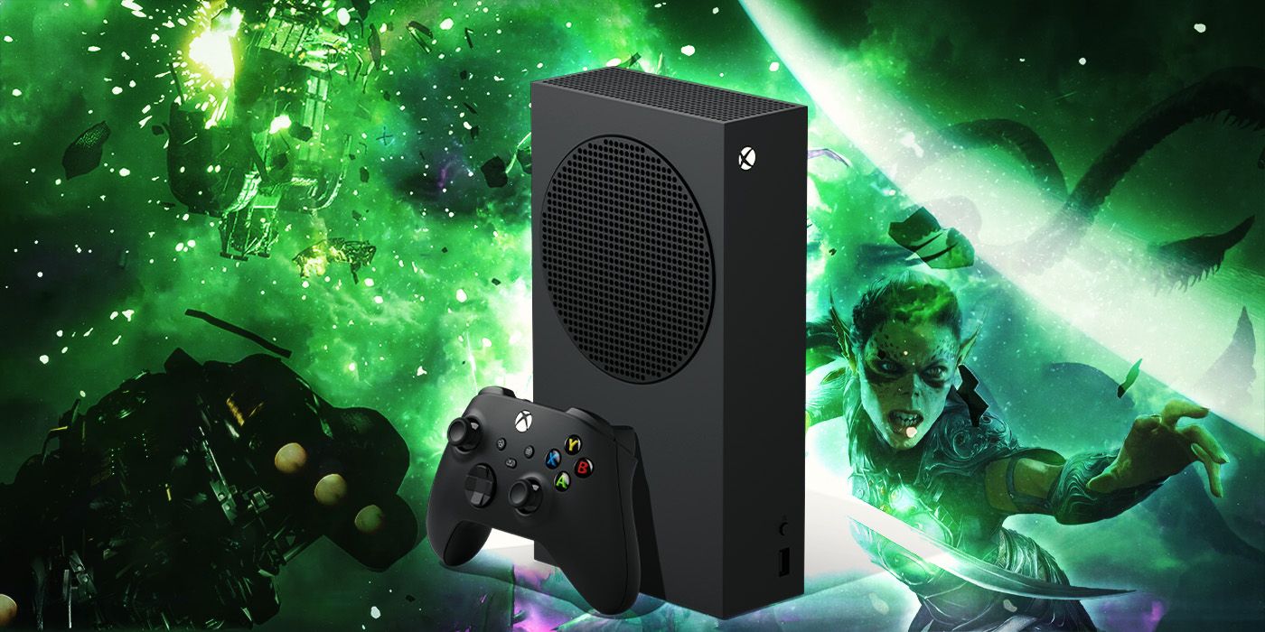 An Xbox Series S console on top a green-tinted background of Baldur's Gate 3 and Starfield 