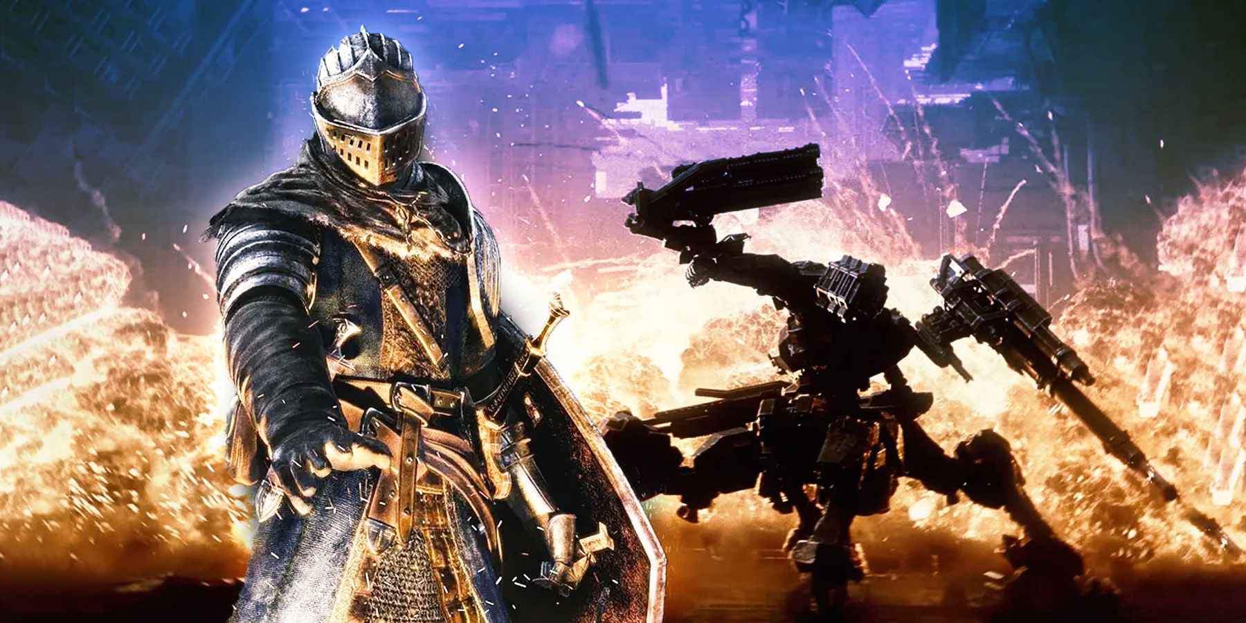 An armored knight from the Dark Souls series superimposed on an image of Armored Core mech action.