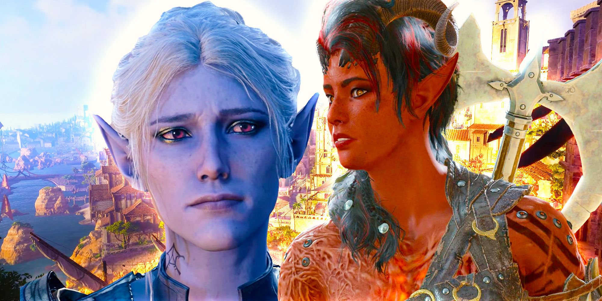 Minthara and Karlach look sad in from of the city of Baldur&rsquo;s Gate in Baldur&rsquo;s Gate 3