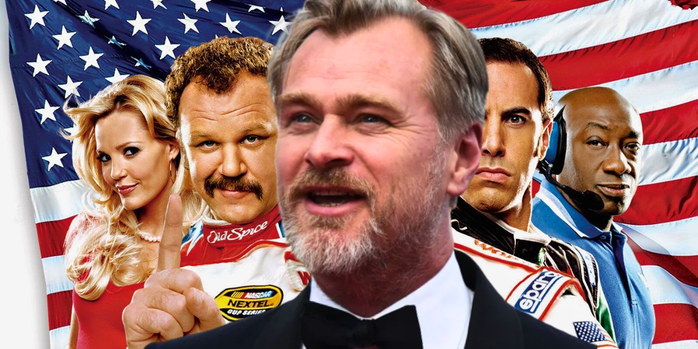 Christopher Nolan superimposed in front of the poster for Talladega Nights.