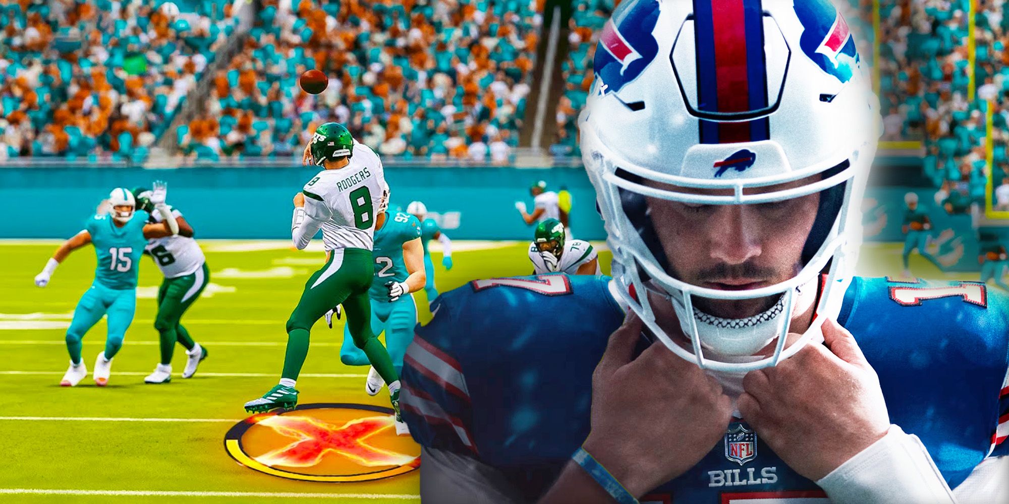 Josh Allen looking down with a football play happening in the background of Madden 24. 
