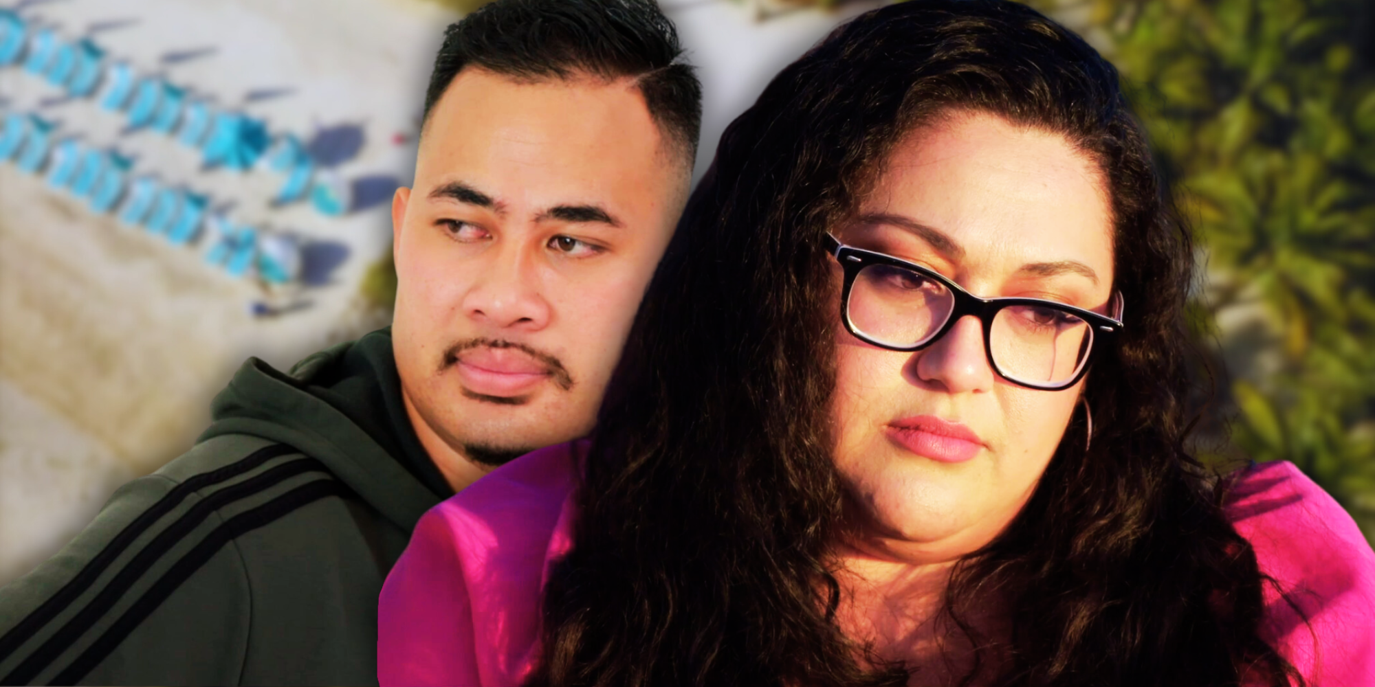 90 Day Fiance's Kalani looking downward in glasses and pink shirt and Asuelu in dark hoodie looking away