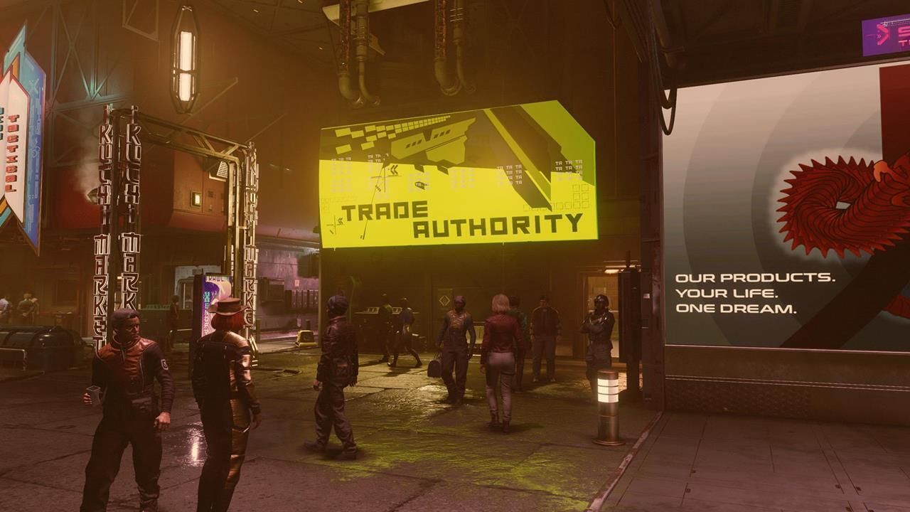 Citizens wander a dark, dirty, neon-lit street with a neon yellow sign for the Trade Authority in the background
