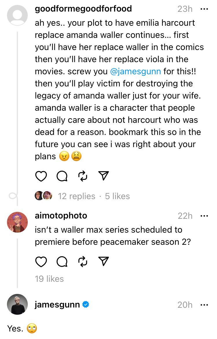 James Gunn confirms Waller will come before Peacemaker season 2, invalidating a Threads user's theory regarding Harcourt.
