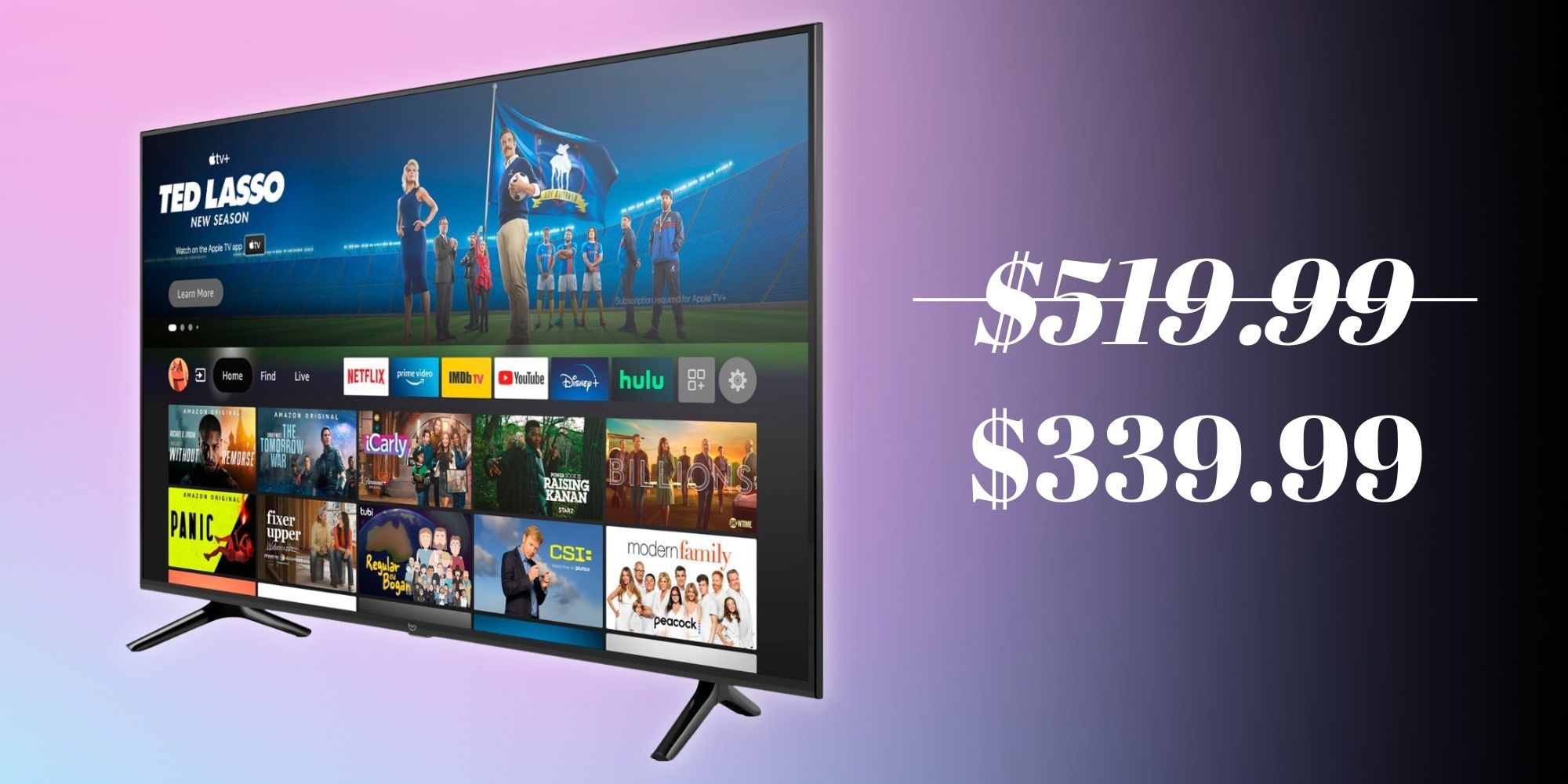 Image of the 55-inch Amazon 4K Fire TV on a pink-blue gradient background