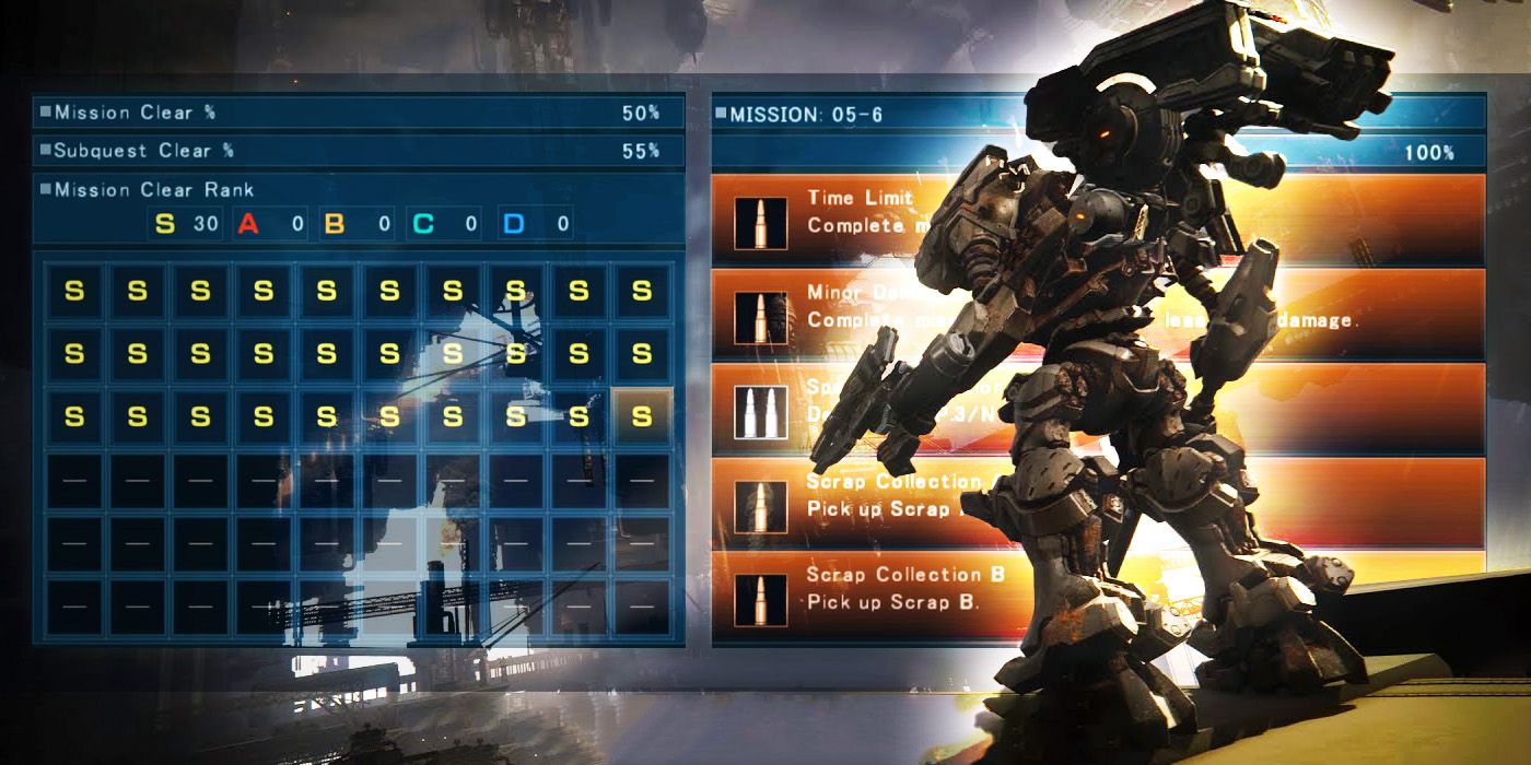 A mech in front of a list of missions and ranks in Armored Core 6