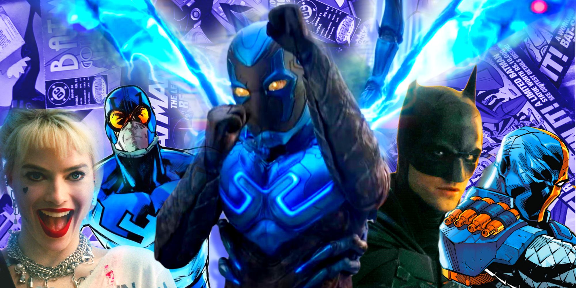 (Left to right) Margot Robbie as Harley Quinn grinning, Ted Kord as Blue Beetle in comic book form wearing his blue masked costume, Xolo Maridueña as Blue Beetle in armored costume with fists raised, Robert Pattinson as Batman in his cowl looking at the camera, and Deathstroke in comic book form wearing his blue and orange costume.
