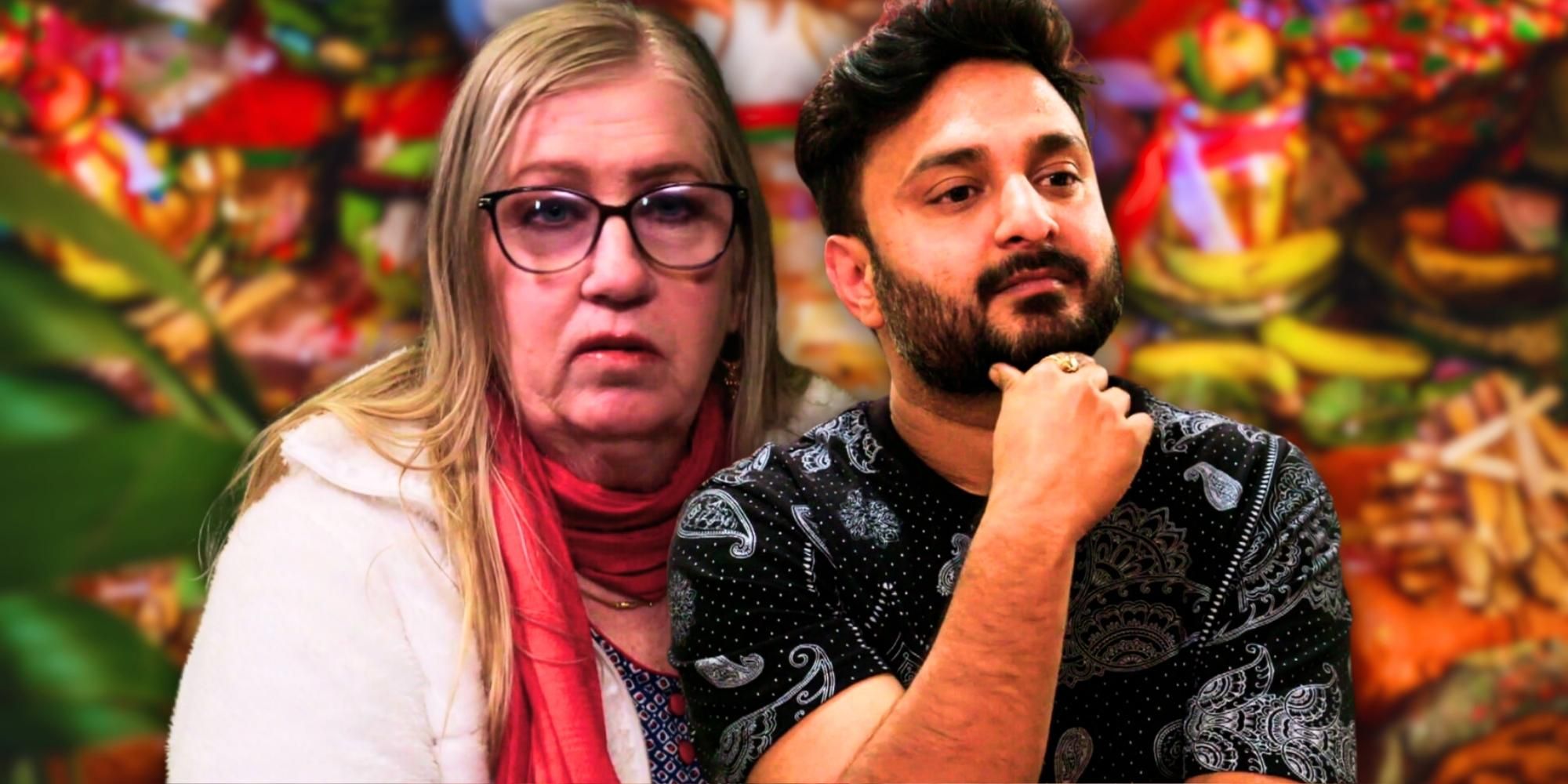 90 Day Fiancé’s Sumit Singh wearing black t shirt & Jenny Slatten wearing warm clothes in front of multi-colored background