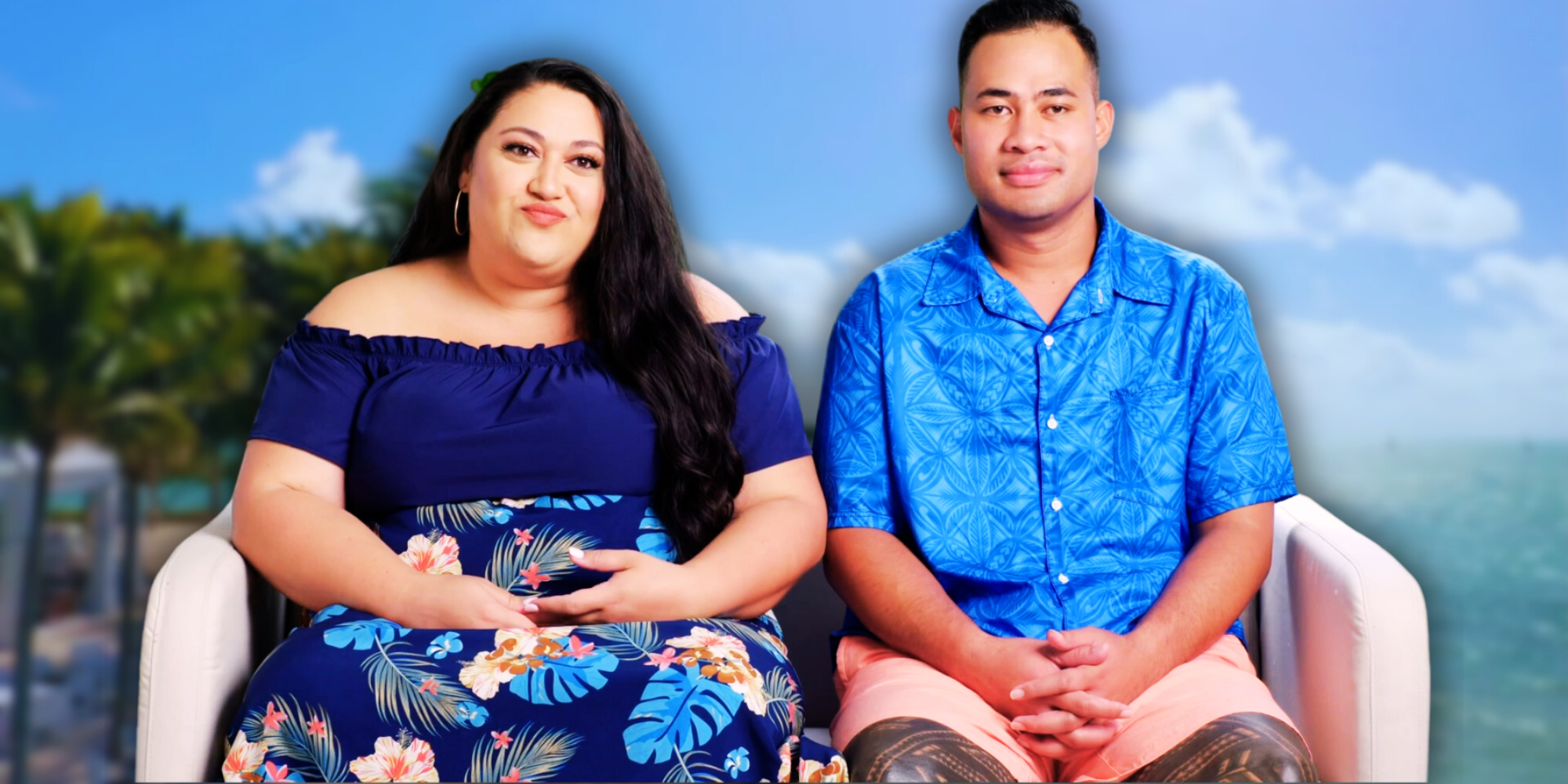 Montage of Kalani and Asuelu from 90 day fiance in front of tropical background