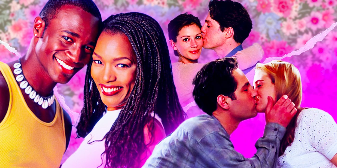 Collage of Taye Diggs and Angela Bassett in How Stella Got Her Groove Back; Julia Roberts and Hugh Grant in Notting Hill; and Paul Rudd and Alicia Silverstone in Clueless.