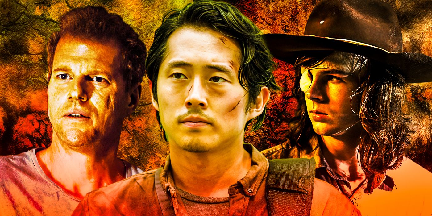 A collage image Glenn, Carl and Dr Jenner in The Walking Dead