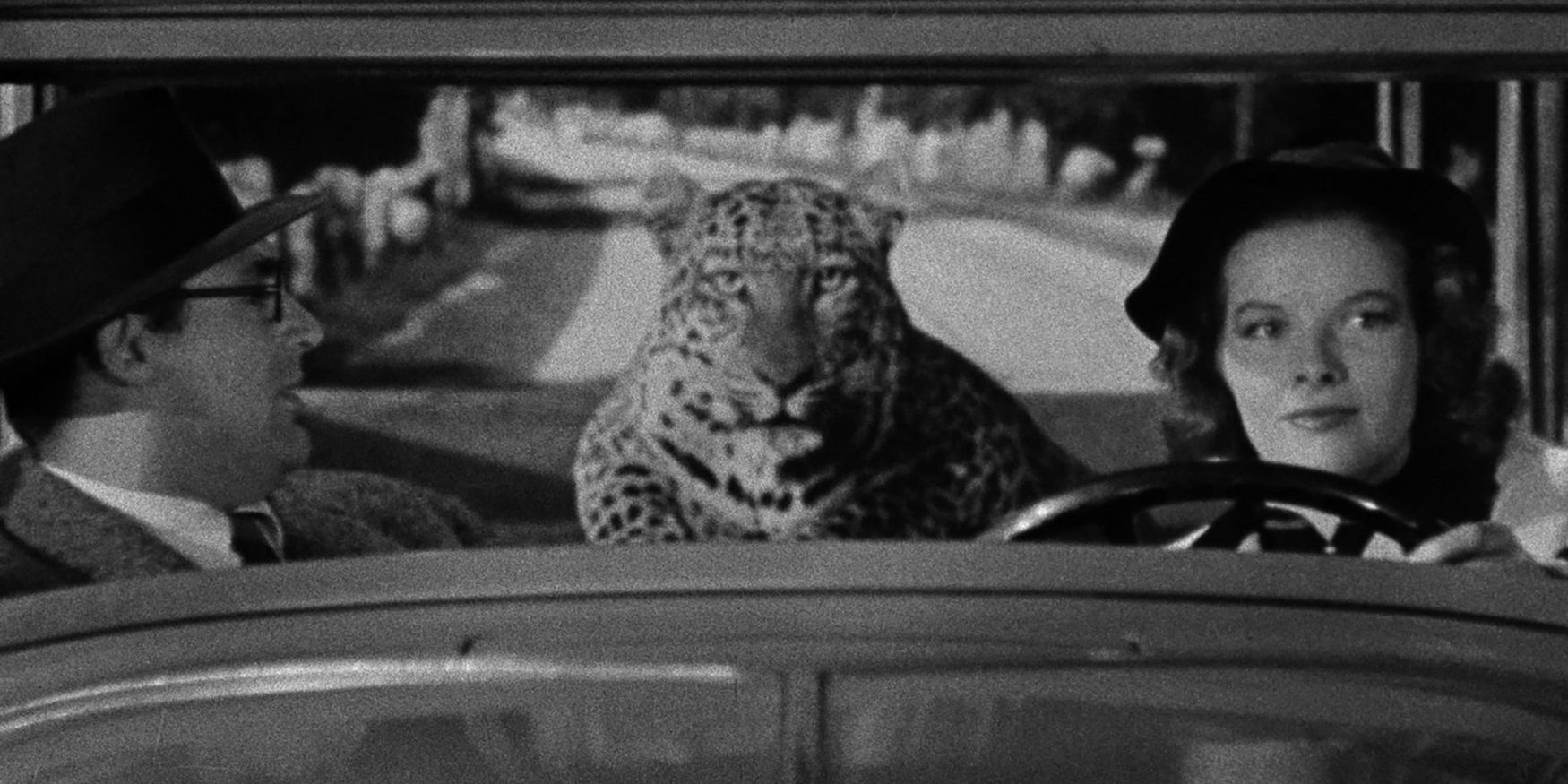 A man and a woman in a car with a leopard in Bringing Up Baby