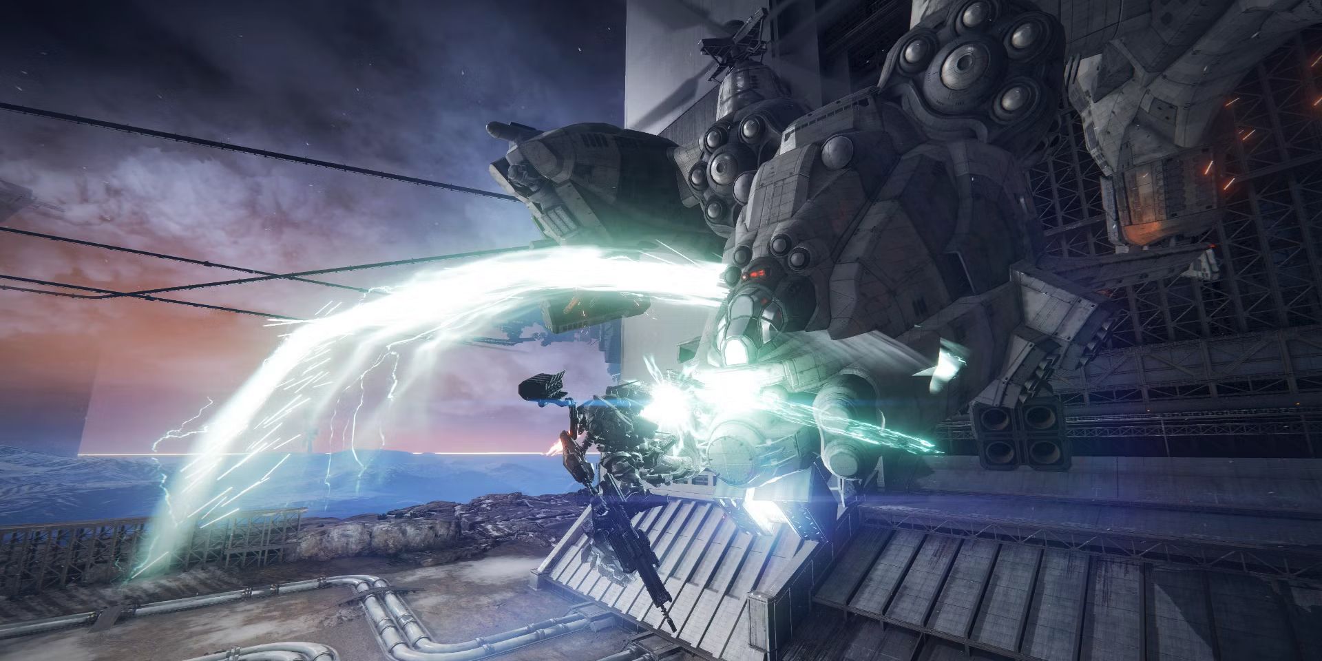 A mech swings a green-glowing sword at the AH12-HC Helicopter.