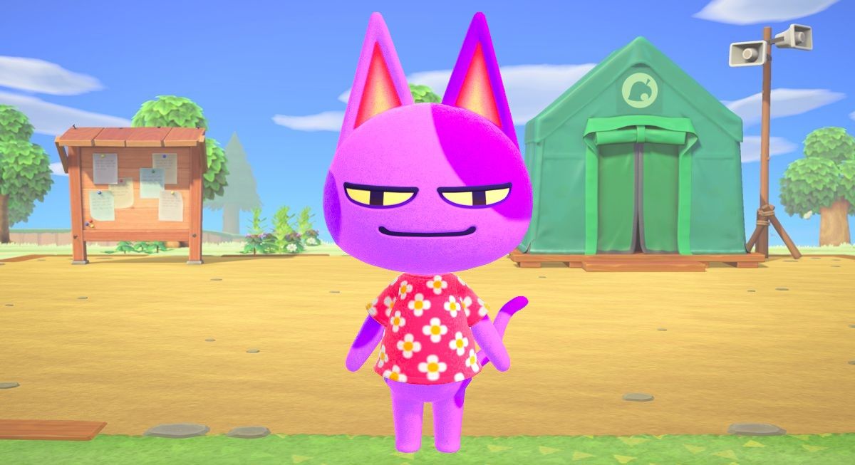 ACNH&rsquo;s Bob with the starter town hall area and museum tent in the background.