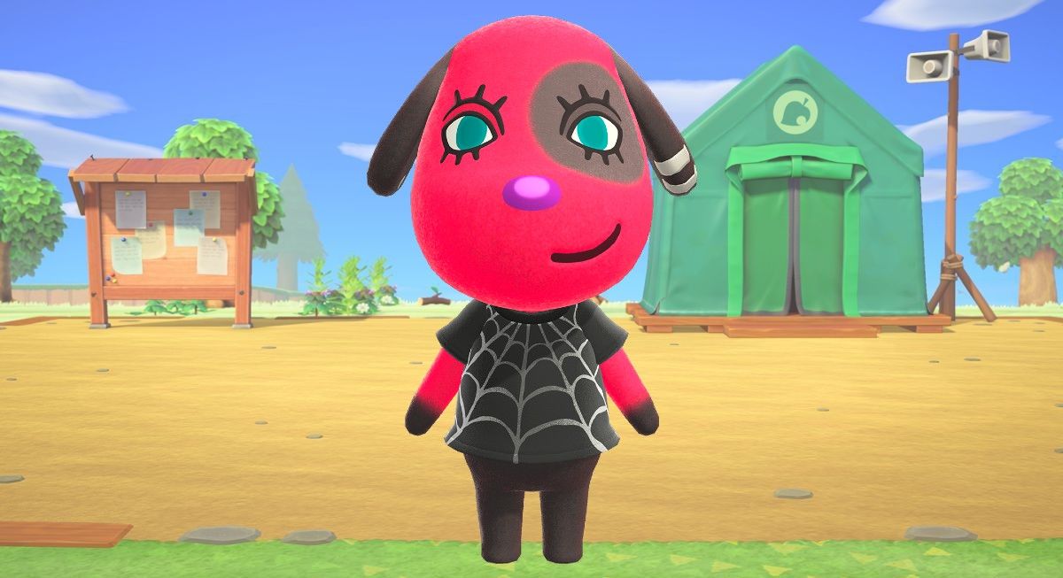 ACNH&rsquo;s Cherry with the starter town hall area and museum tent in the background.