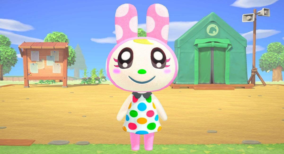 ACNH&rsquo;s Chrissy with the starter town hall area and museum tent in the background.