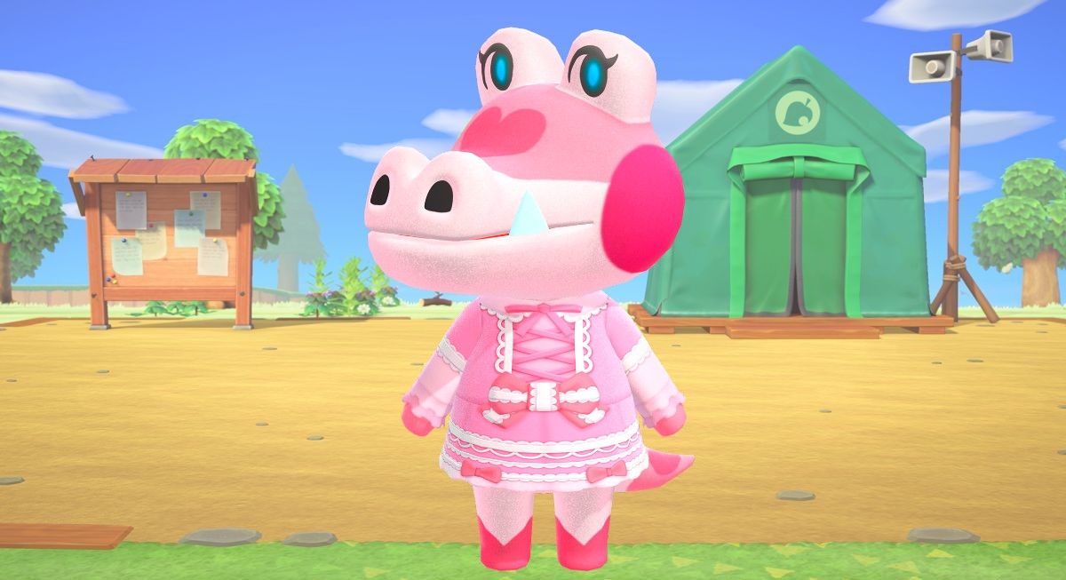 ACNH&rsquo;s Gayle with the starter town hall area and museum tent in the background.