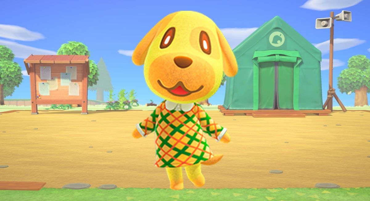 ACNH&rsquo;s Goldie with the starter town hall area and museum tent in the background.