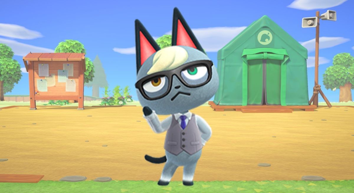 ACNH&rsquo;s Raymond with the starter town hall area and museum tent in the background.