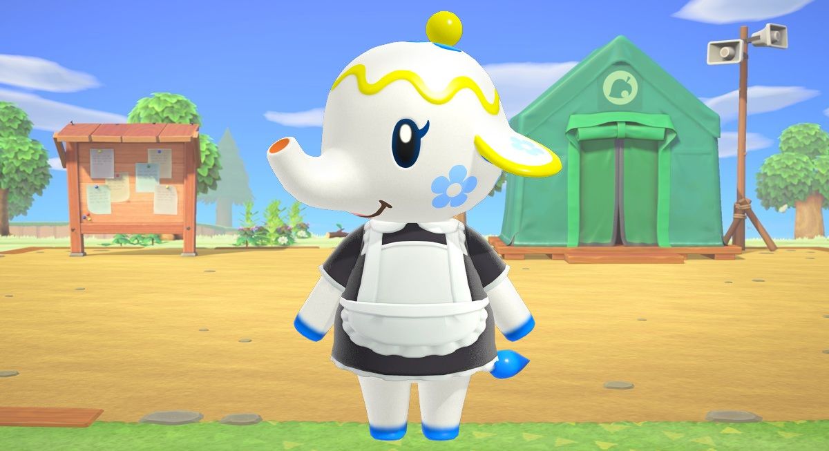 ACNH&rsquo;s Tia with the starter town hall area and museum tent in the background.