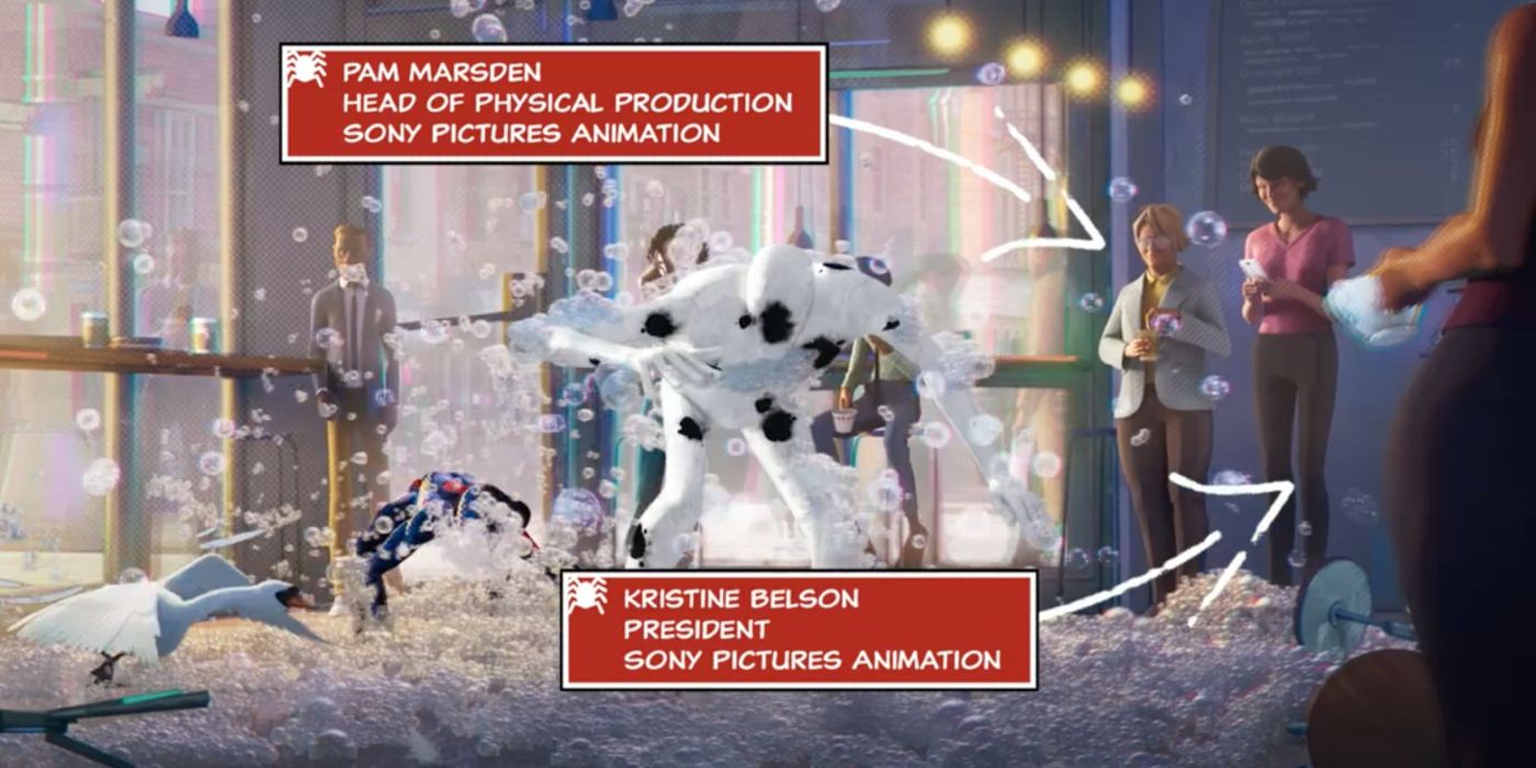 Pam Marsden and Kristine Belson in their Across the Spider-Verse foam party cameos