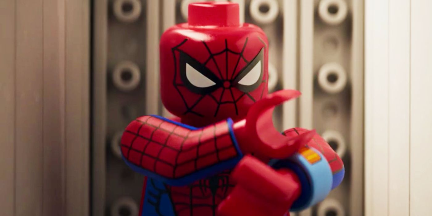 Across The Spider-Verse's LEGO Spider-Man touching his multiverse watch.