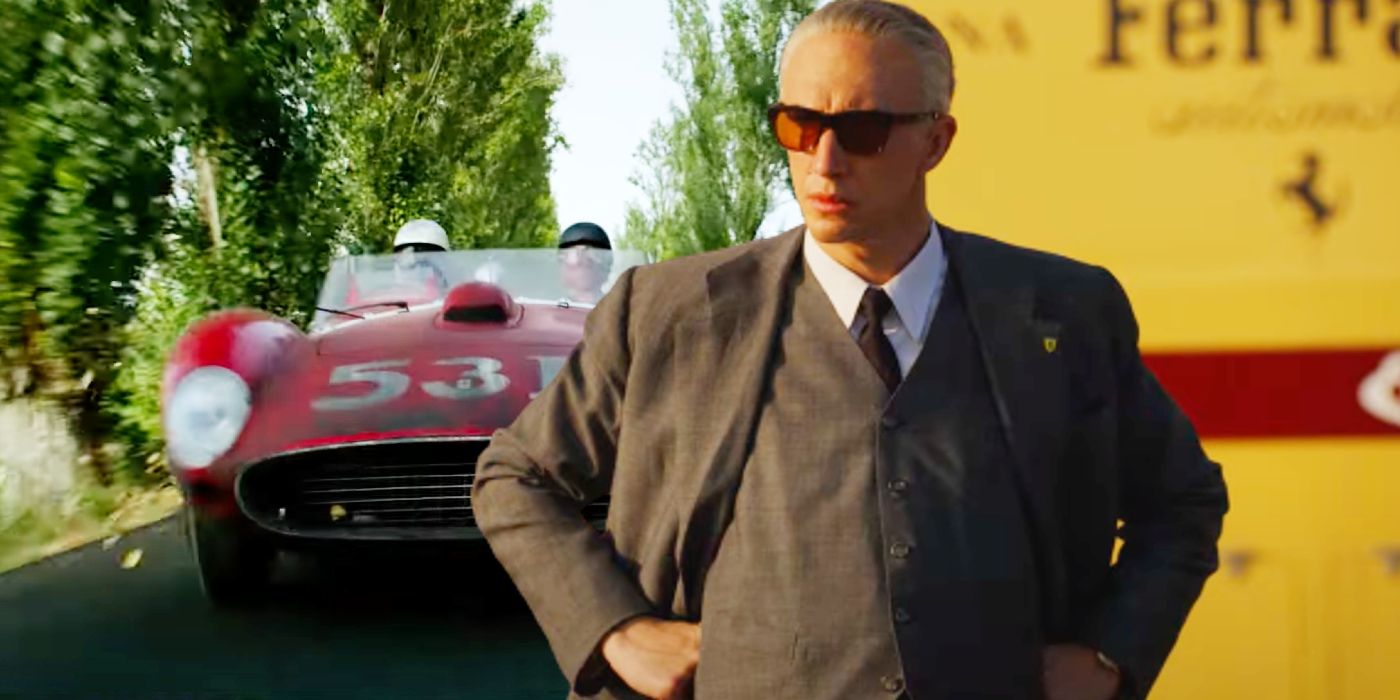 Custom image of Adam Driver as Enzo Ferrari and a Ferrari race car.