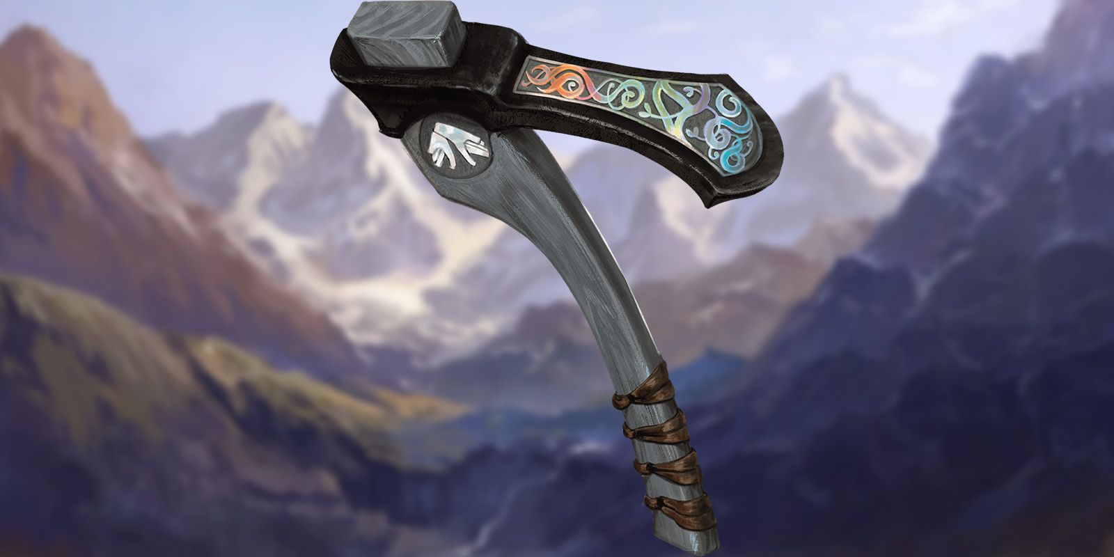 Adze with an ornate multicolored pattern on a blurred mountain landscape backrgound.