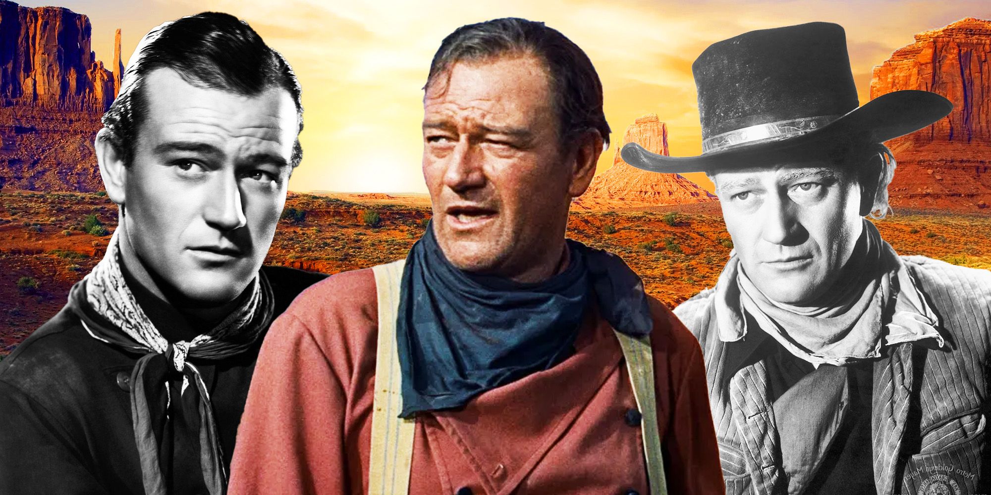 Colagem de grandes papéis de John Wayne no faroeste, em Red River, The Searchers e Stagecoach.