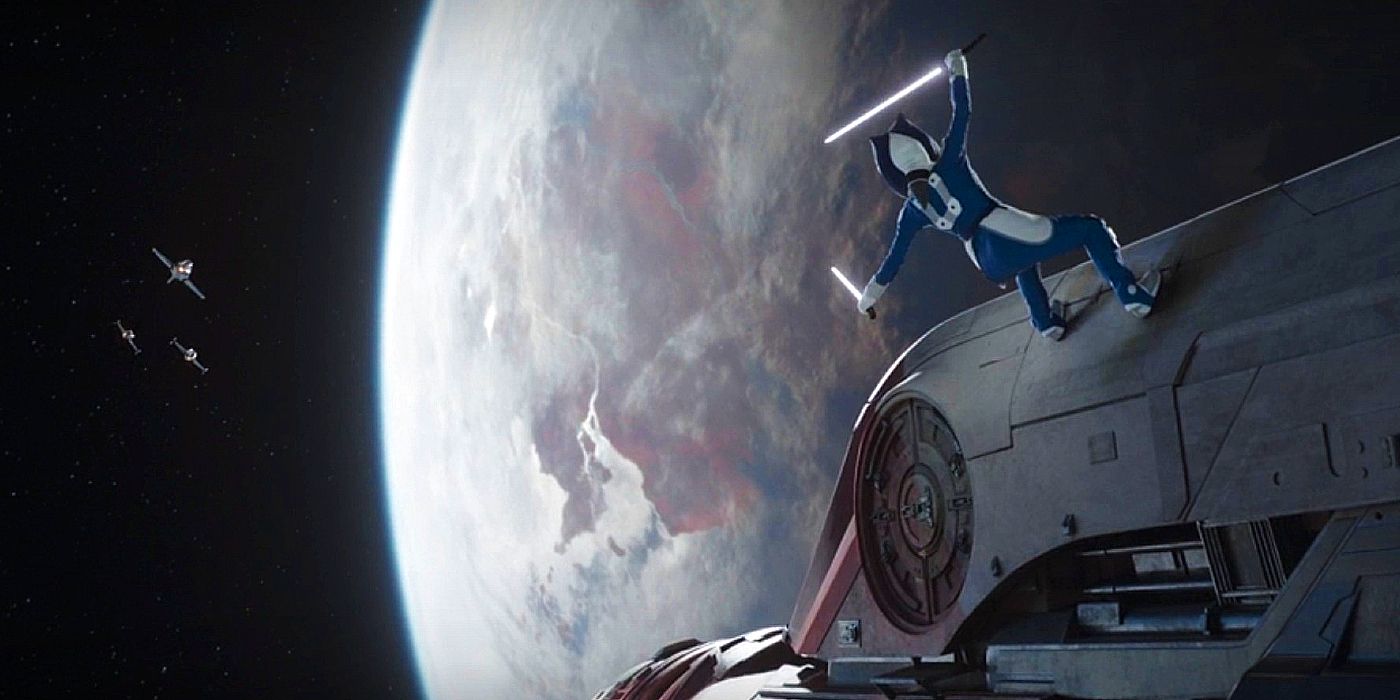 Ahsoka wielding her lightsabers in space in Ahsoka episode 3