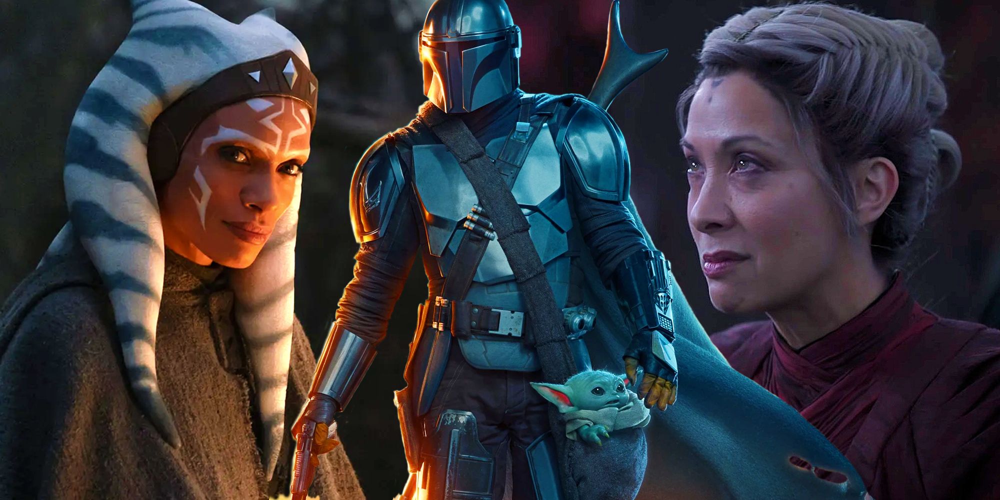 Ahsoka and Morgan Elsbeth from Ahsoka either side of Din Djarin from The Mandalorian’s season 2 poster