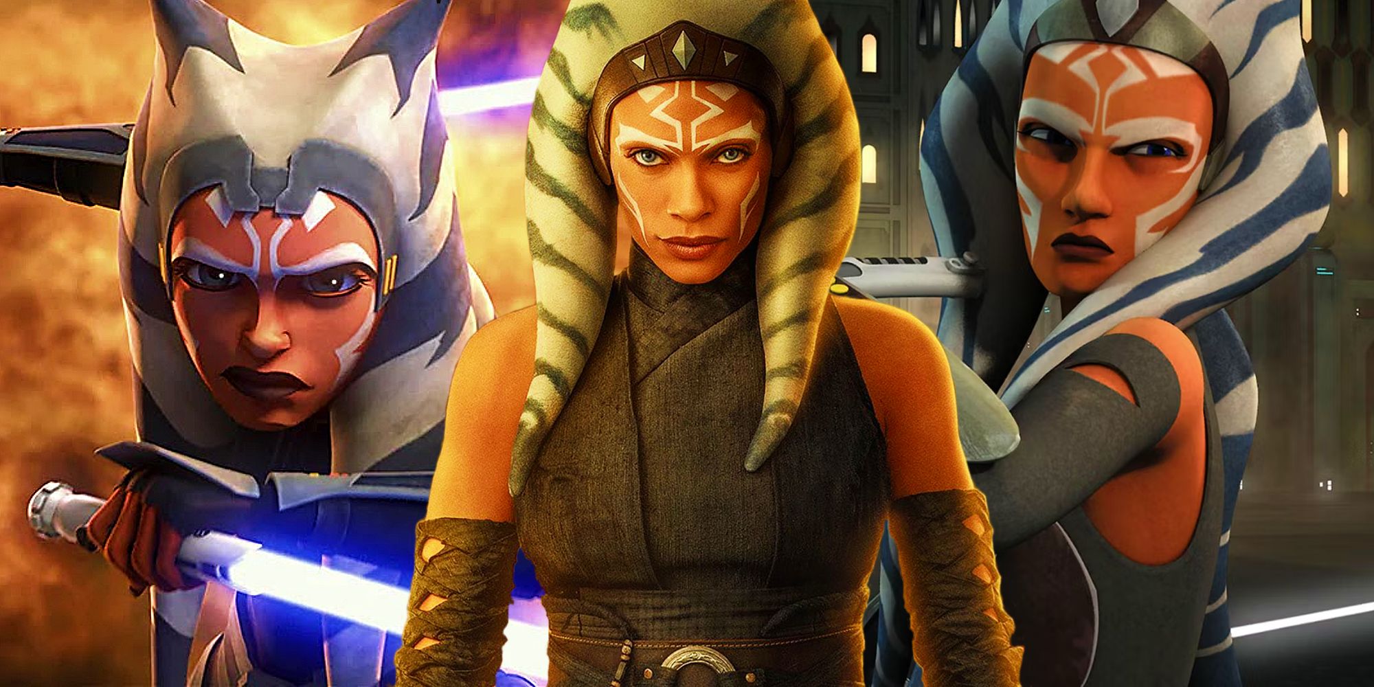Ahsoka as seen in live-action, Star Wars Rebels, and Star Wars: The Clone Wars season 7