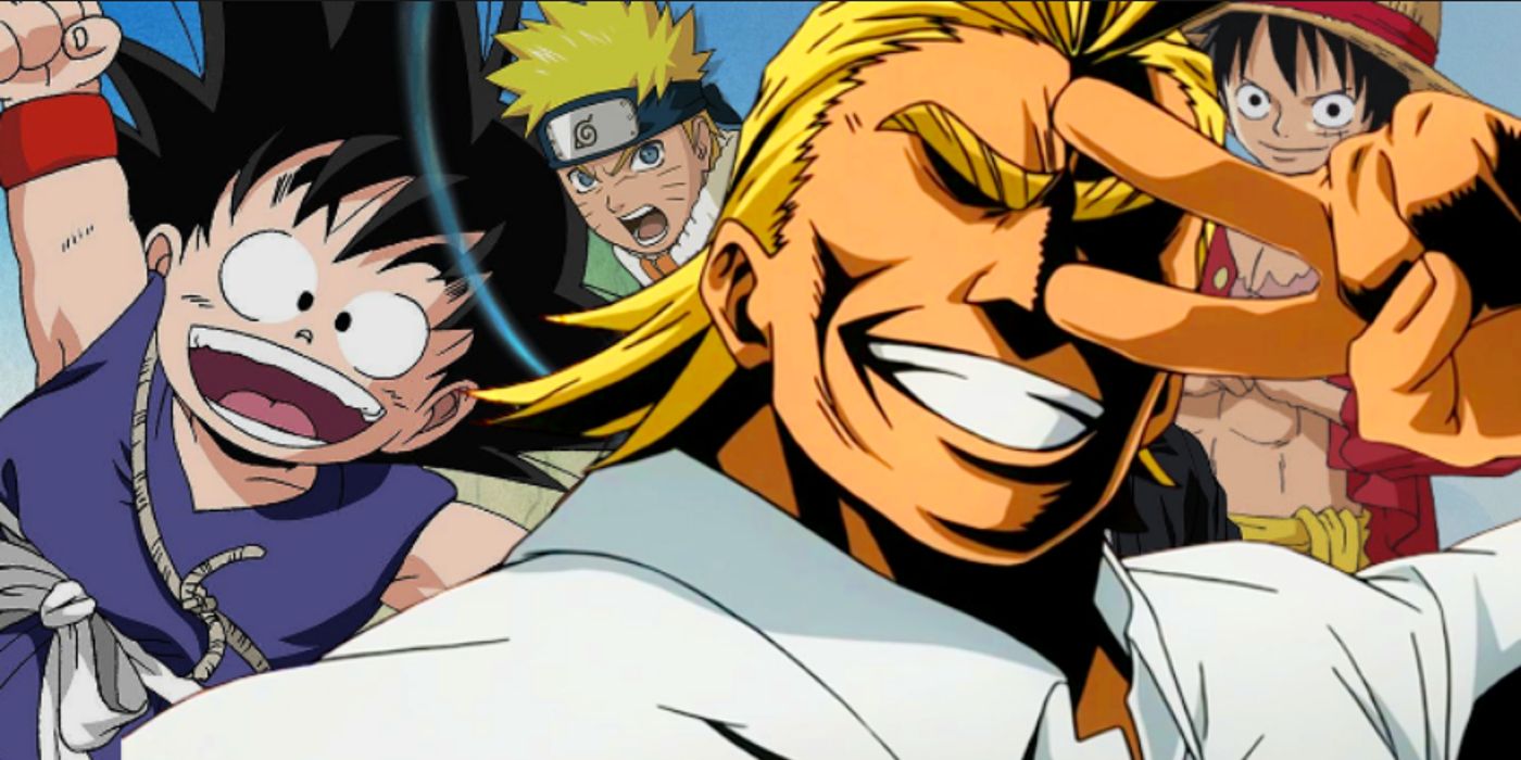 All Might from MHA with Goku, Naruto, and Luffy in the background