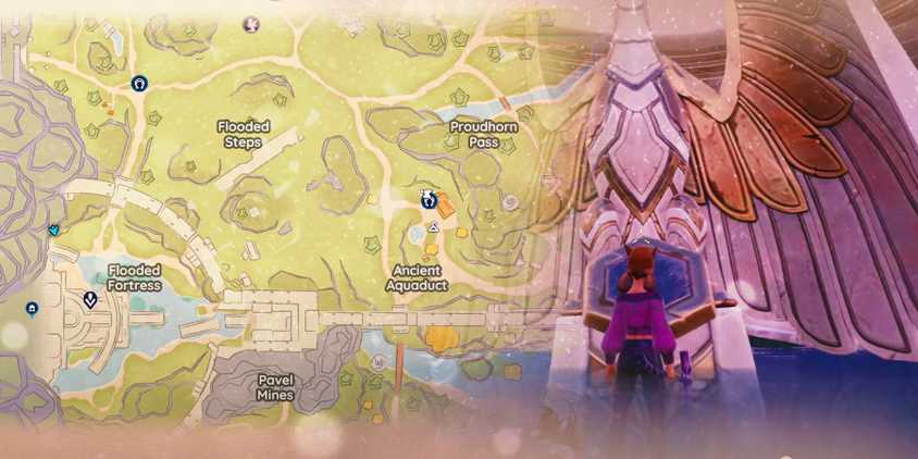 An Old Coin Location with a player looking at the Phoenix statue from Palia