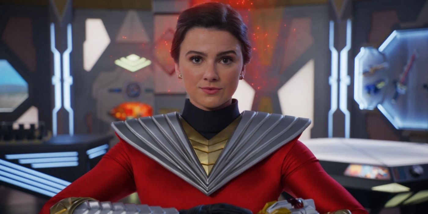 Amelia Jones wearing the red power ranger suit on Power Rangers