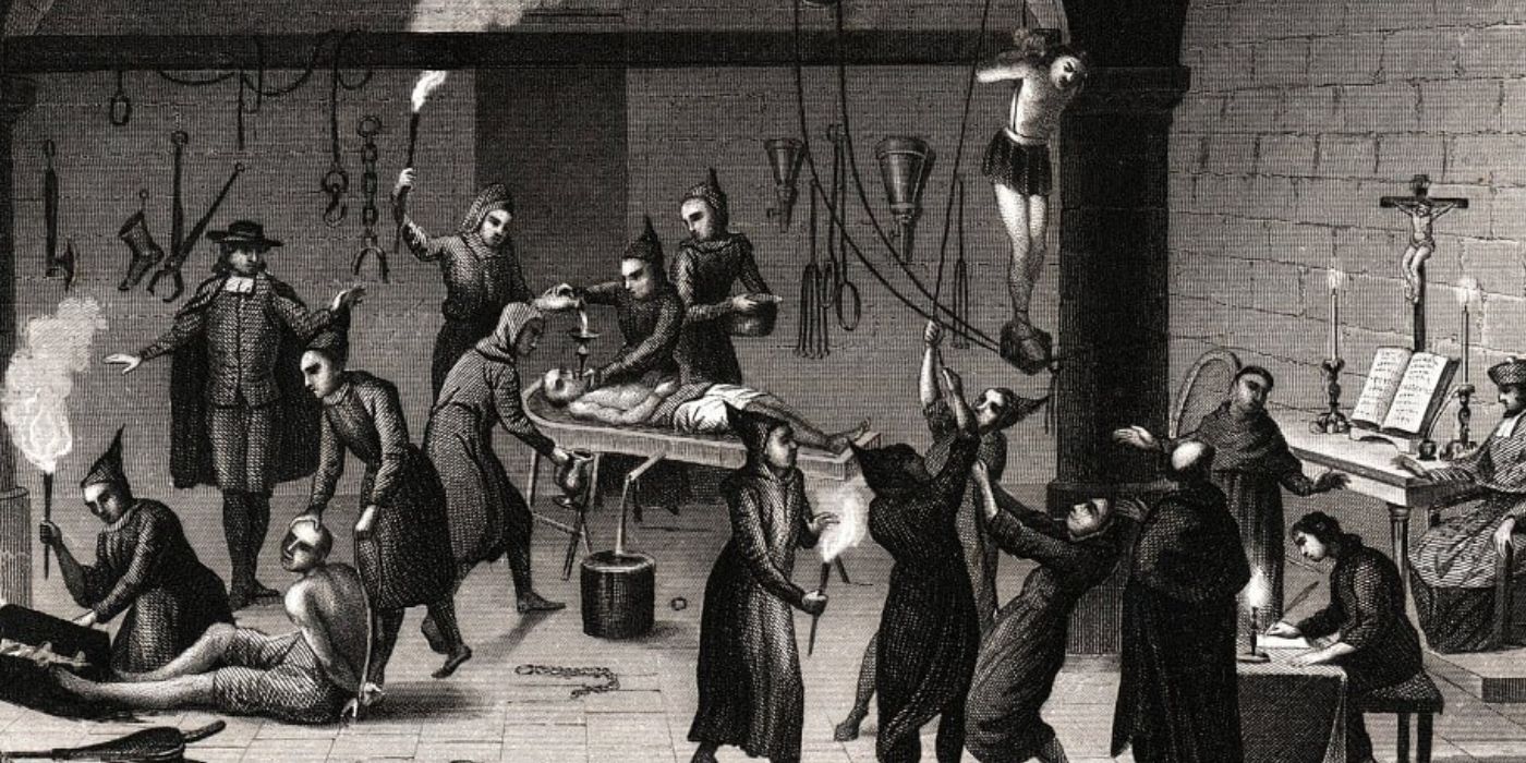 An illustration showcasing the torture practices during the Spanosh Inquisition