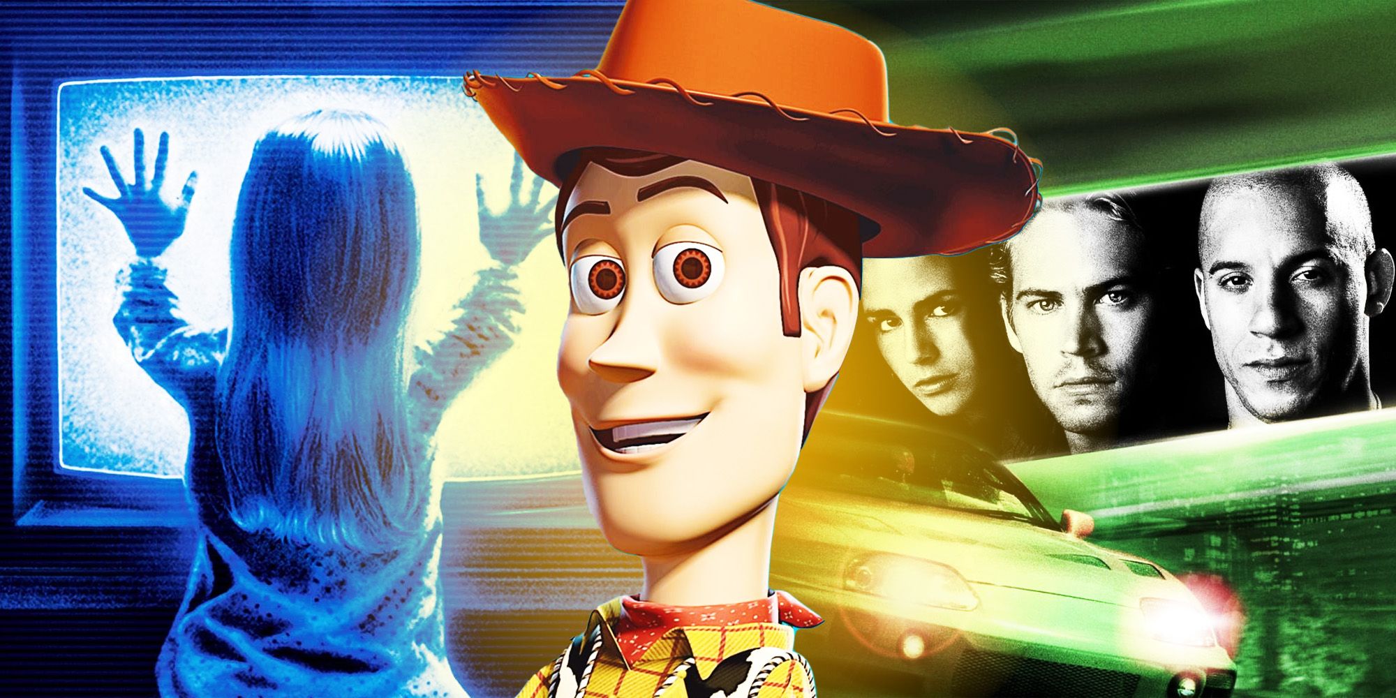 An image of a girl touching the TV screen, Woody from Toy Story, and the Fast and Furious cast