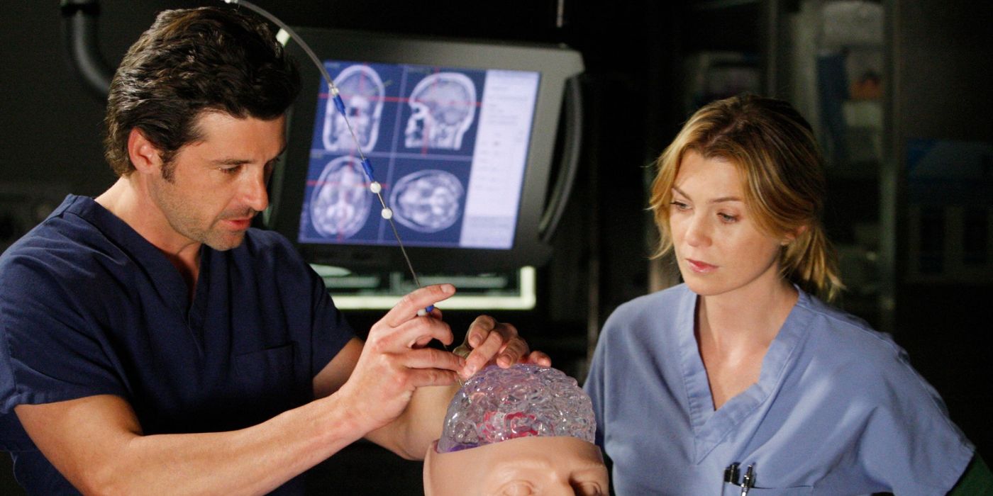 An image of Derek and Meredith working together in the operating room in Grey's Anatomy