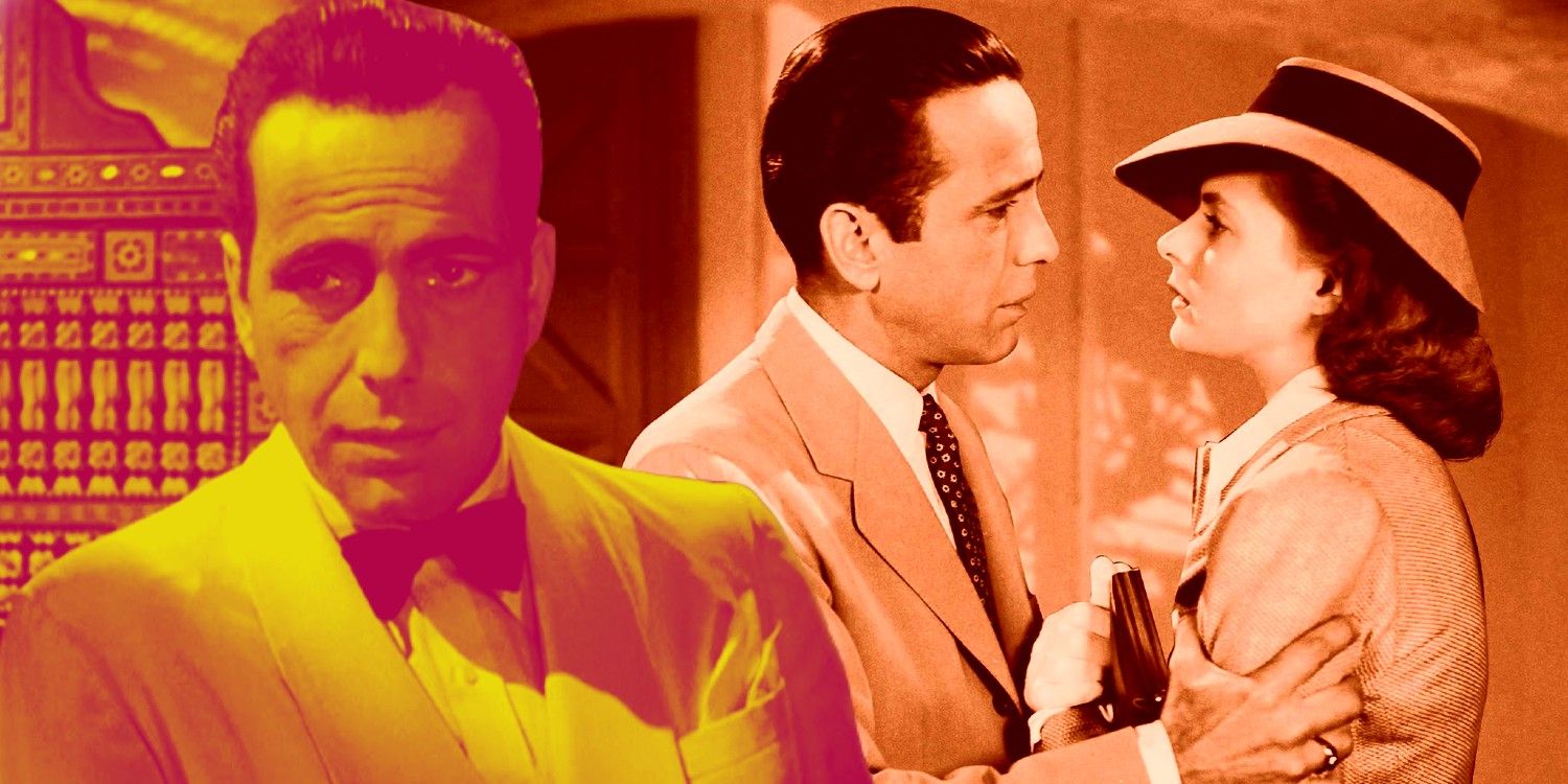 An image of Humphrey Bogart looking serious in Casablanca and Rick Blaine and Ilsa standing close together