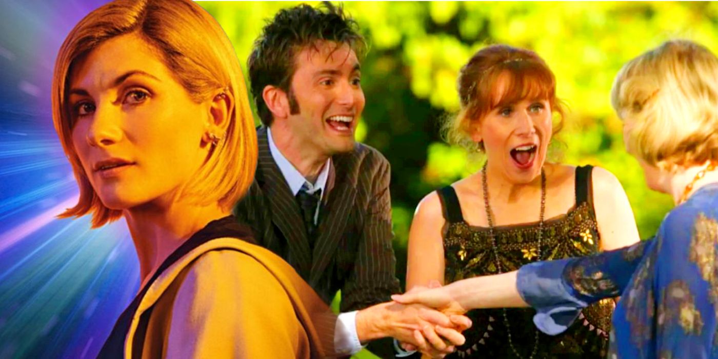 An image of Jodie Whittaker’s Doctor and Tennant’s Doctor shaking Agatha Christie’s hand in Doctor Who