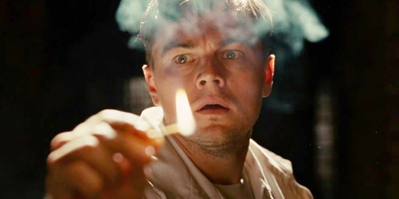 An image of Leonardo DiCaprio holding a match in Shutter Island