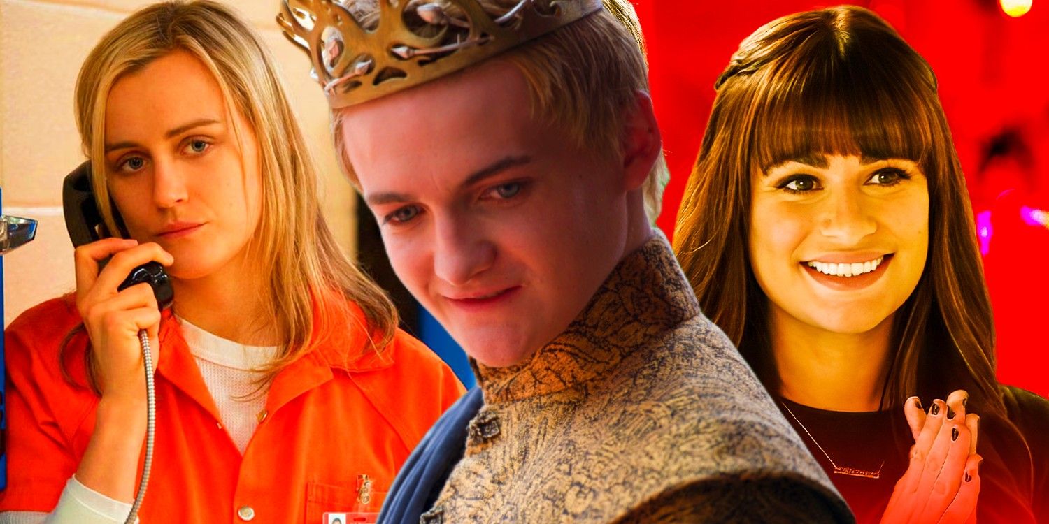 An image of Piper Chapman talking on the phone, Joffrey Baratheon smirking, and Rachel Berry smiling