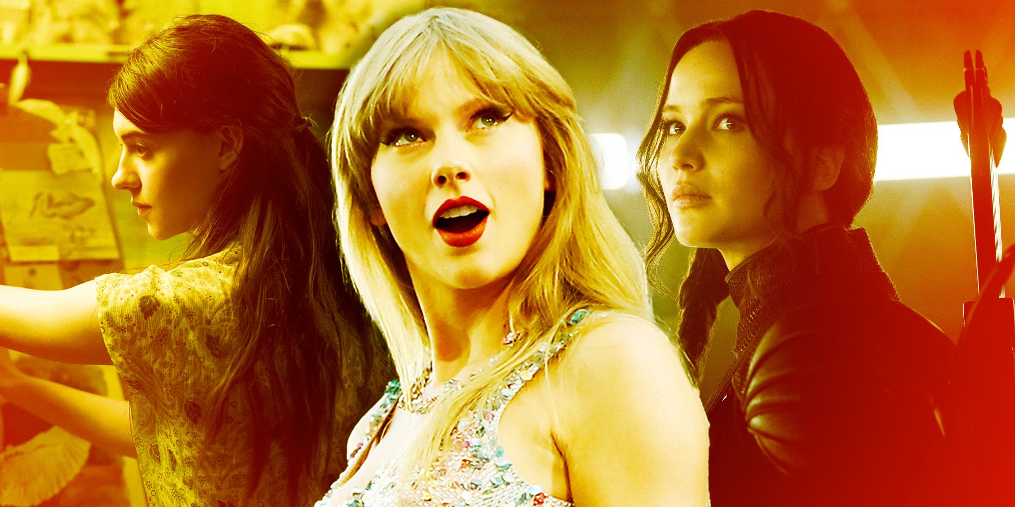 An image of Taylor Swift in front of Katniss Everdeen in The Hunger Games and Kya in Where The Crawdads Sing