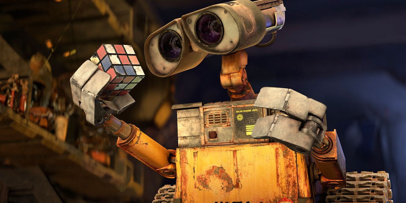 An image of WALL-E holding a rubik cube in the movie