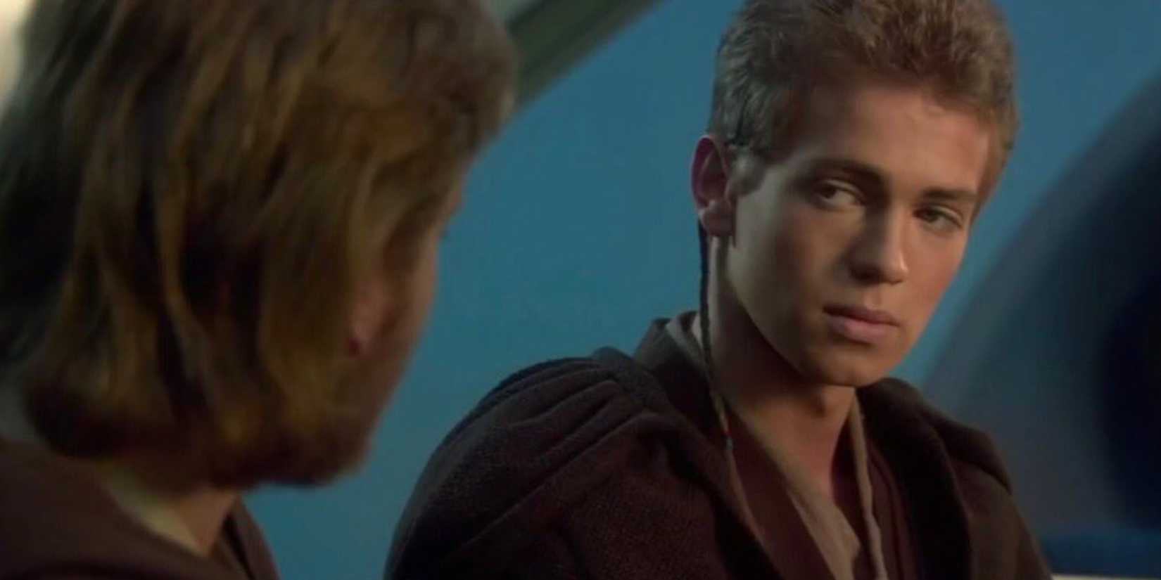 Anakin looking annoyed at Obi-Wan in Attack of the Clones