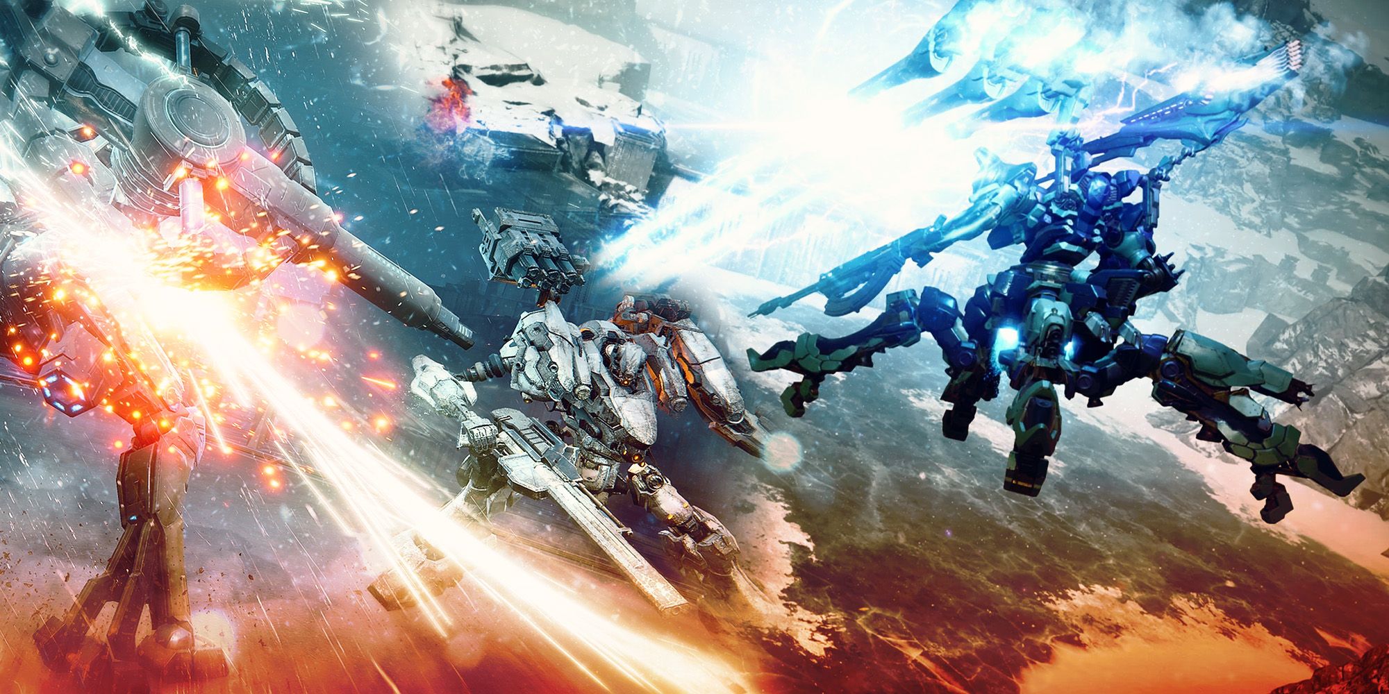 A collage of scenes from Armored Core 6, showing a variety of mechs battling with different melee and ranged weapons.